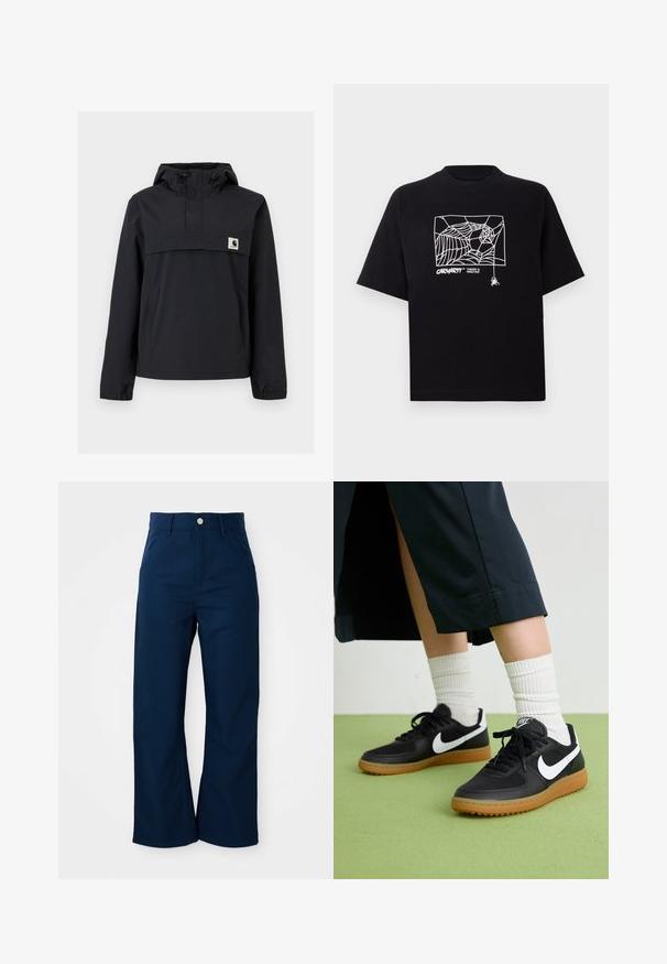 Casaco corta-vento preto com capuz, apresentando um bolso frontal, punhos elásticos e um patch do logo no peito. Tecido liso, resistente à água.; T-shirt preta feita de algodão com mangas curtas. Apresenta uma gravação de teia de aranha branca e um logótipo na parte da frente. Possui um decote simples em forma redonda.; Calças largas de cor azul-marinho, feitas de um tecido resistente, com fecho frontal por botão e quatro bolsos com uma textura suave.; Sapatilhas pretas em couro e sintético com o logo da Nike em branco, sola de borracha tipo goma, bico redondo e atacadores pretos. Meias brancas com frunces visíveis.