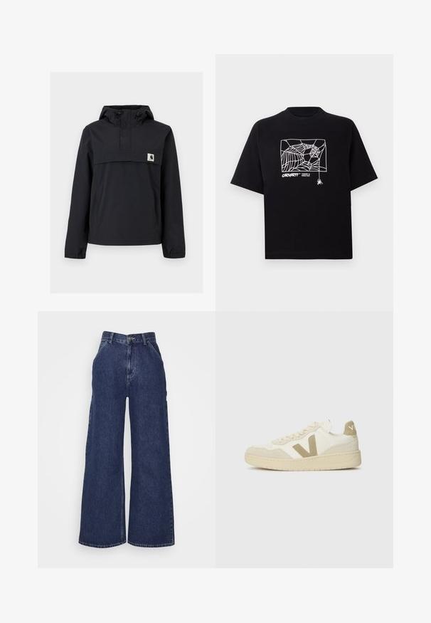 Črna vetrovka z kapuco, ki ima sprednji žep, elastične manšete in oznako na prsih. Gladko, vodoodporno blago.; Črn T-majica iz bombaža s kratkimi rokavi. Na sprednji strani ima belo grafiko pajkove mreže in logo. Preprost okrogli izrez.; Široke jeans hlače iz temno modrega denima, z visokim pasom, sprednjimi žepi in zadrgo z kovinsko gumbom. Gladka tekstura in klasičen dizajn.; Teniske z zgornjim delom v smetani, bež nubukovimi detajli in teksturirano gumijasto podplatom. Ponašajo se z drzno 'V' oznako in vezalnim dizajnom.