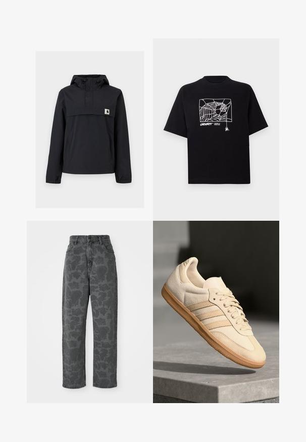 Czarna kurtka przeciwwiatrowa z kapturem, z przednią kieszenią, elastycznymi mankietami i naszywką z logo na piersi. Gładki, wodoodporny materiał.; Czarna koszulka z krótkim rękawem wykonana z bawełny. Na przodzie znajduje się biały nadruk w kształcie pajęczyny oraz logo. Prosty, zaokrąglony dekolt.; Szare dżinsy z kwiecistym wzorem, wysoki stan, proste nogawki i klasyczny design pięciu kieszeni. Trwały materiał o lekko chropowatej teksturze.; Jasno beżowe zamszowe sneakersy z gumową podeszwą, trzema skośnymi paskami i teksturowanym noskiem. Zawierają logo na języku i boku.
