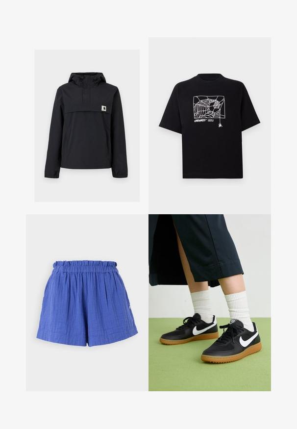 Juodas vėjaraizdis su kapuce, turintis priekinę kišenę, elastines rankoves ir logotipo emblema ant krūtinės. Lygus, vandeniui atsparus audinys.; Juodas medvilnės marškinėliai su trumpomis rankovėmis. Priekyje yra balta voratinklio grafika ir logotipas. Paprastas apvalus iškarpymas.; Mėlynos medvilninės šortai su susiraukšlėtu juosmeniu ir šoninėmis kišenėmis, pasižymintys tekstūruotu audiniu ir laisva forma.; Juodos odinės ir sintetinių medžiagų sportbačiai su balta Nike swoosh, guminis padas, apvalus pirštas ir juodi raišteliai. Matomos banguotos baltos kojinės.