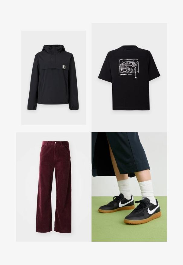 Black windbreaker jacket with a hood, featuring a front pocket, elastic cuffs, and a logo patch on the chest. Smooth, water-resistant fabric.; Black T-shirt made of cotton with short sleeves. Features a white spider web graphic and logo on the front. Simple rounded neckline.; Burgundy corduroy pants with a wide-leg design, featuring front pockets, a button closure, and ribbed texture throughout.; Black leather and synthetic sneakers with white Nike swoosh, rubber gum sole, round toe, and black laces. Ribbed white socks visible.