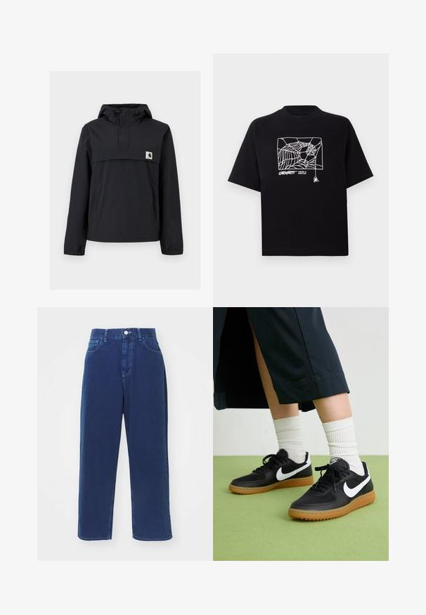 Schwarze Windjacke mit Kapuze, ausgestattet mit einer Vordertasche, elastischen Bündchen und einem Logopatch auf der Brust. Glattes, wasserabweisendes Material.; Schwarzes T-Shirt aus Baumwolle mit kurzen Ärmeln. Mit einem weißen Spinnennetz-Graphic und Logo auf der Vorderseite. Einfacher runder Ausschnitt.; Marineblaue weit geschnittene Jeans aus Baumwollstoff mit hoher Taille, Seitentaschen und kontrastierenden Steppnähten.; Schwarze Leder- und synthetische Sneakers mit weißem Nike-Swoosh, Gummisohle, runder Spitze und schwarzen Schnürsenkeln. Gestreifte weiße Socken sind sichtbar.