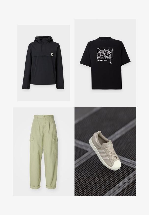 Svart vindjakke med hette, med en frontlomme, elastiske cuffs og et logo-merke på brystet. Glatt, vannavstøtende stoff.; Svart T-skjorte laget av bomull med korte ermer. Har et hvitt edderkoppnett grafikk og logo på fronten. Enkel rund hals.; Lysegrønne cargo-bukser lavet af bomuldsstof. Har høj talje, opkrøllede nederste kanter og to sidelommer tilføjet for ekstra funktionalitet.; Beige Adidas Superstar sneakers med teksturert lær øvre, tre laterale striper, rund tåhette og logo på tunge og hæl.