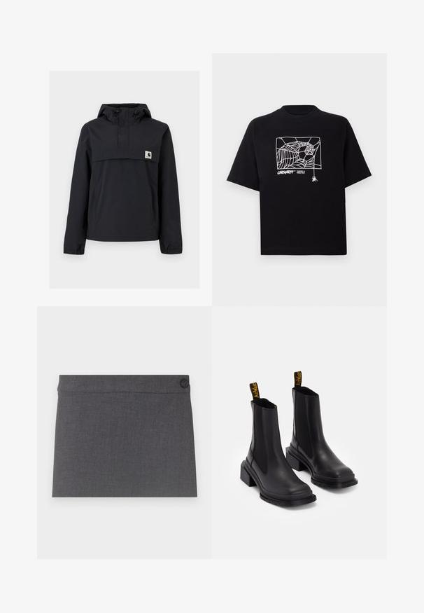 Fekete szélálló dzseki kapucnival, elülső zsebből, rugalmas mandzsetta és logóval ellátott mellkasi részből áll. Simább, vízálló anyag.; Fekete pamut póló rövid ujjakkal. Elülső részén fehér pókhálós grafika és logó található. Egyszerű, kerek nyakú.; Szürke szövet szoknya, sima textúrával, egyenes fazonnal és egyetlen fekete gombbal a derékrészen, letisztult és egyszerű esztétikával.; Fekete bokacsizmák sima bőrből, elasztikus oldalsó panelek, négyzetes orr és vastag sarok jellemzi őket. Sárga márkázott húzófülek találhatók rajtuk.