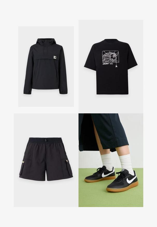 Černá bunda s kapucí, která má přední kapsu, elastické manžety a logo nášivku na hrudi. Hladká, voděodolná tkanina.; Černé tričko vyrobené z bavlny s krátkými rukávy. Na přední straně má bílé grafické zobrazení pavučiny a logo. Jednoduchý kulatý výstřih.; Černé šortky s elastickým pasem, vybavené dvěma bočními kapsami s klopami. Vyrobeny z lehkého materiálu, nabízející funkční design.; Černé kožené a syntetické tenisky s bílým logem Nike, gumovou podrážkou, kulatou špičkou a černými tkaničkami. Viditelné žebrované bílé ponožky.