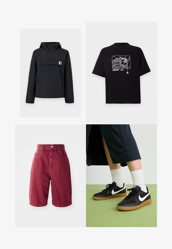 Fekete szélálló dzseki kapucnival, elülső zsebből, rugalmas mandzsetta és logóval ellátott mellkasi részből áll. Simább, vízálló anyag.; Fekete pamut póló rövid ujjakkal. Elülső részén fehér pókhálós grafika és logó található. Egyszerű, kerek nyakú.; Burgundy farmernadrág magas derékkal. Jellemzői közé tartozik két elülső zseb, egy gombos záródás és egyenes szárú kialakítás.; Fekete bőr és szintetikus sneakers, fehér Nike logo-val, gumi talppal, kerek orral és fekete fűzővel. Csíkos fehér zokni látható.