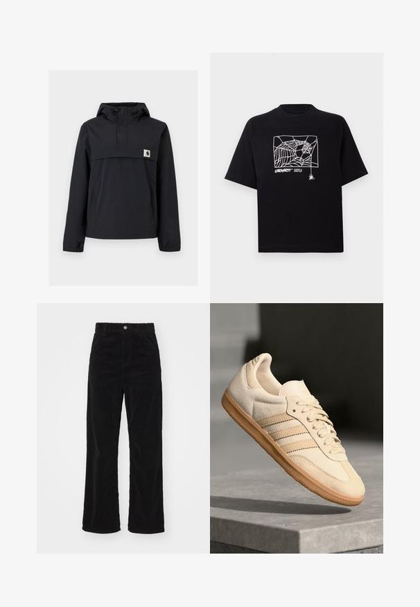Čierna vetrovka s kapucňou, s prednou kapsou, elastickými manžetami a logom na hrudi. Hladká, vodeodolná tkanina.; Čierne tričko z bavlny s krátkymi rukávmi. Na prednej strane má biely grafický motív pavučiny a logo. Jednoduchý zaoblený výstrih.; Čierne kordové nohavice so širokými nohavicami a vysokým pásom, so zapínaním na prednej strane na gombík a zips, a s vertikálnou ribovanou textúrou po celom povrchu.; Svetlo béžová semišová teniska s gumovou podrážkou, tromi diagonálnymi pruhmi a textúrovaným špičkovým krytom. Obsahuje logo na jazyku a boku.