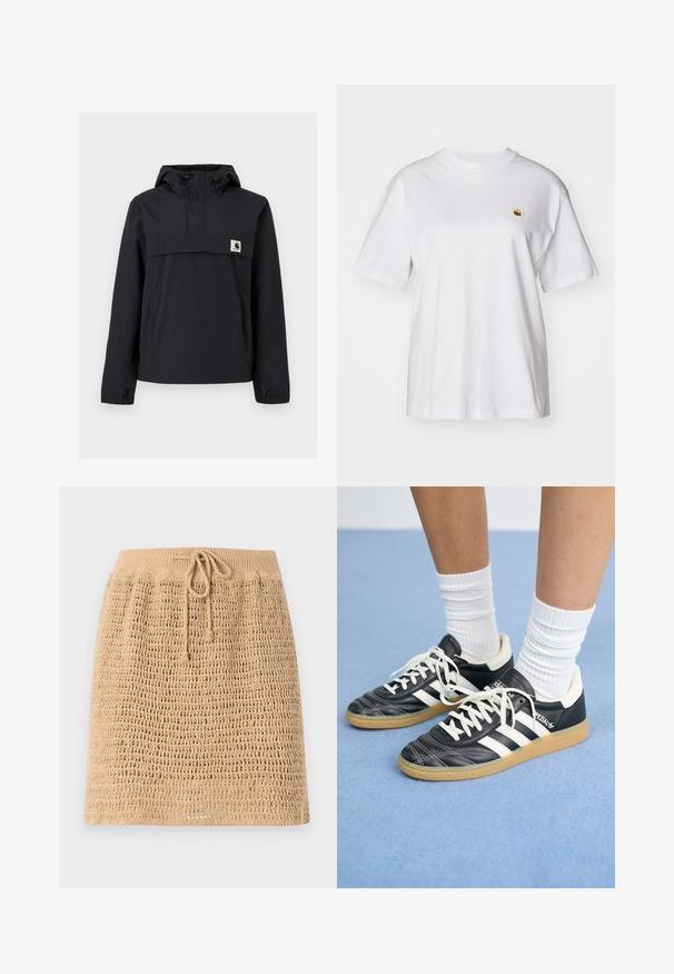 Crna jakna s kapuljačom, s prednjim dzepom, elastičnim manžetama i logom na prsima. Glatka, vodootporna tkanina.; Bijela pamučna majica s opuštenim krojem, kratkim rukavima i malim izvezenim logom na lijevoj strani prsnog dela.; Pleteni bež suknja s teksturiranim, otvorenim tkanjem. Ima struk s užetom za prilagodljivost. Porub je ravno rezan.; Crne kožne atletike s bijelim trakama, okruglim prstima, bijelim vezicama i gumeni potplat. Naglašene jastučićem oko gležnja i detaljima s brandingom.