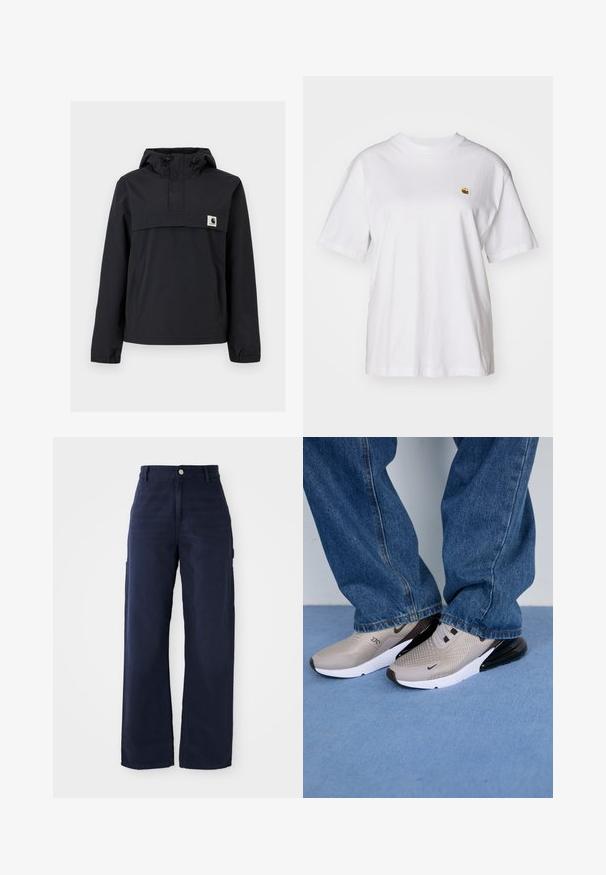 Casaco corta-vento preto com capuz, apresentando um bolso frontal, punhos elásticos e um patch do logo no peito. Tecido liso, resistente à água.; T-shirt branca de algodão com um corte descontraído, mangas curtas e um pequeno logótipo bordado na área do peito esquerdo.; Calças de cargo largas em azul-marinho, feitas de um tecido de algodão resistente, com bolsos laterais e um fecho de botão na cintura.; Ténis cinzentos com parte superior de malha, detalhes pretos e sola branca. Usados com jeans de denim azul largos, cobrindo parcialmente as bordas dos ténis.