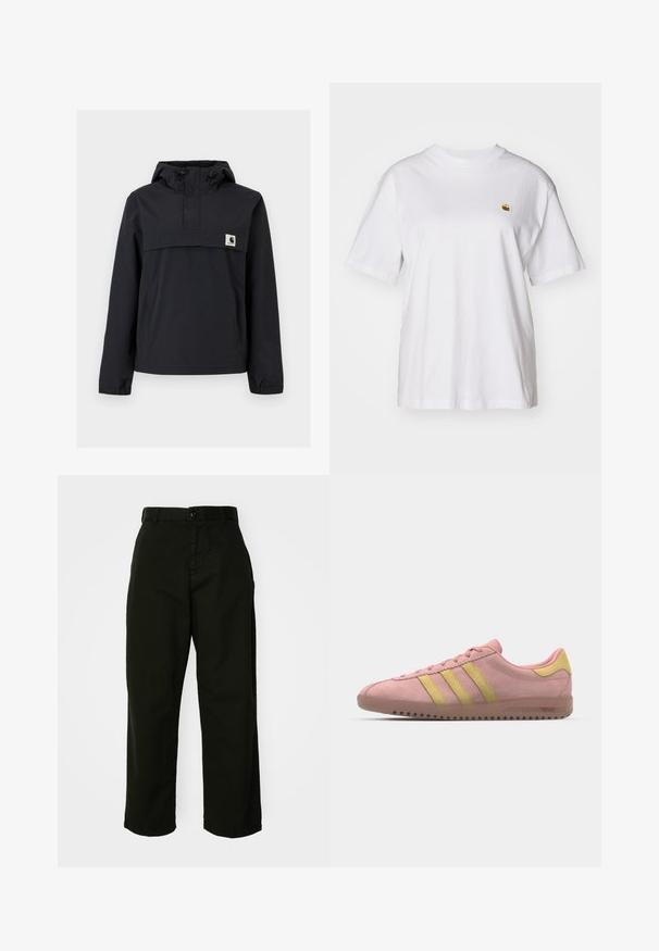 Veste coupe-vent noire avec capuche, dotée d'une poche avant, de poignets élastiques et d'un écusson logo sur la poitrine. Tissu lisse et résistant à l'eau.; T-shirt en coton blanc avec une coupe décontractée, des manches courtes et un petit logo brodé sur la poitrine gauche.; Pantalons larges noirs en coton durable. Dotés d'une fermeture à bouton et de poches latérales. Texture lisse et finition soignée.; Baskets en daim rose avec trois rayures jaunes, bout rond et semelle en caoutchouc texturée. Design profil bas avec un col rembourré.