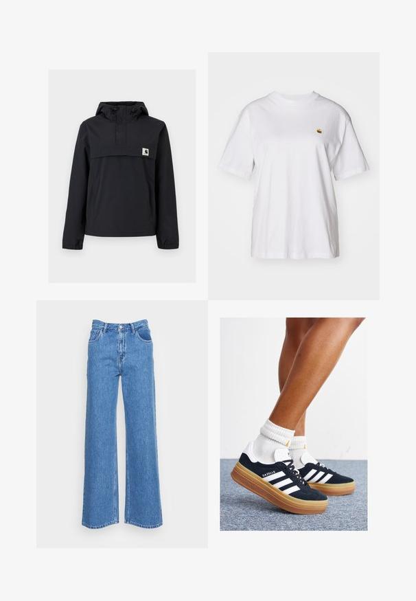 Must mustaga jacket, millel on kapuuts, esikoti, elastsed mansetid ja rinna peal logoga pa patch. Sile, veekindel kangas.; Valge puuvillane T-särk, millel on lõdva lõikega, lühikesed varrukad ja väike broderi logo vasakul rinnakarpi.; Sinine denim laiad püksid kõrge vöökohaga, millel on kaks esipaneeli taskut ja nööbiklipp. Kangas on veidi tekstuuriga pinnaga.; Mustad seemisnahast tossud valgete triipude ja detailidega, ümarate varbassosadega, kummist välistallaga, paaritatud valgete soonikuliste meessokkidega.