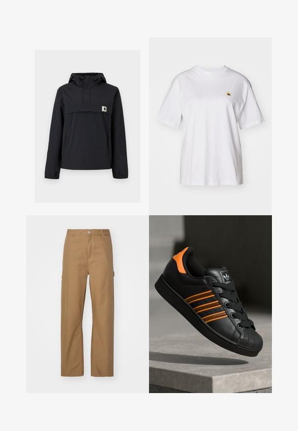 Czarna kurtka przeciwwiatrowa z kapturem, z przednią kieszenią, elastycznymi mankietami i naszywką z logo na piersi. Gładki, wodoodporny materiał.; Biała bawełniana koszulka z luźnym krojem, krótkimi rękawami i małym haftowanym logo po lewej stronie klatki piersiowej.; Beżowe spodnie o prostych nogawkach, wykonane z mieszanki bawełny. Posiadają zapięcie na guzik z przodu oraz dwie boczne kieszenie; gładka, matowa tekstura.; Czarne sneakersy z pomarańczowymi akcentami, trzema poziomymi paseczkami, skórzaną cholewką o teksturowanej powierzchni, gumowym noskiem i czarnymi sznurówkami.