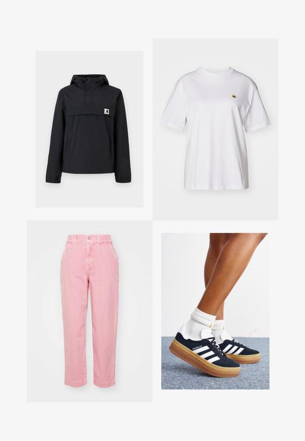 Svart vindjacka med huva, som har en framficka, elastiska ärmmuddar och en logotypplåster på bröstet. Slät, vattenavvisande tyg.; Vit bomull t-shirt med avslappnad passform, korta ärmar och en liten broderad logotyp på vänster bröstområde.; Rosa bomullbyxor med avslappnad passform, knäppning och elastisk midja. Har avslutade anklar och sidofickor. Slät textur.; Svarta sneakers i mocka med vita ränder och detaljer, rundad tå, yttersula i gummiblandning, kombinerade med vita ribbade crew-strumpor.