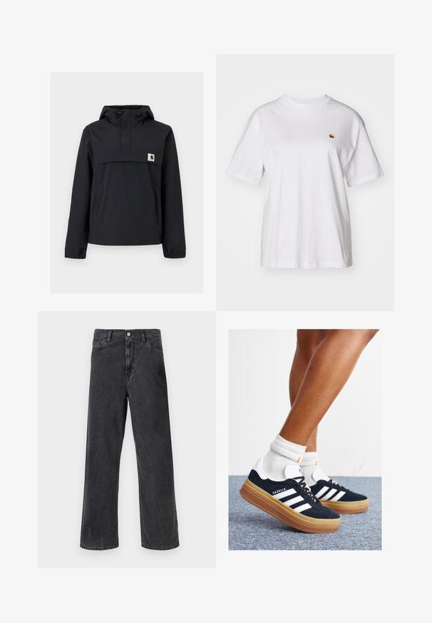 Must mustaga jacket, millel on kapuuts, esikoti, elastsed mansetid ja rinna peal logoga pa patch. Sile, veekindel kangas.; Valge puuvillane T-särk, millel on lõdva lõikega, lühikesed varrukad ja väike broderi logo vasakul rinnakarpi.; Mustat denimpüksid sirge lõikega, varustatud metallist nööpide sulgemisega, viie tasku ja nähtava õmblusega. Sile tekstuur ja tuhm värv.; Mustad seemisnahast tossud valgete triipude ja detailidega, ümarate varbassosadega, kummist välistallaga, paaritatud valgete soonikuliste meessokkidega.