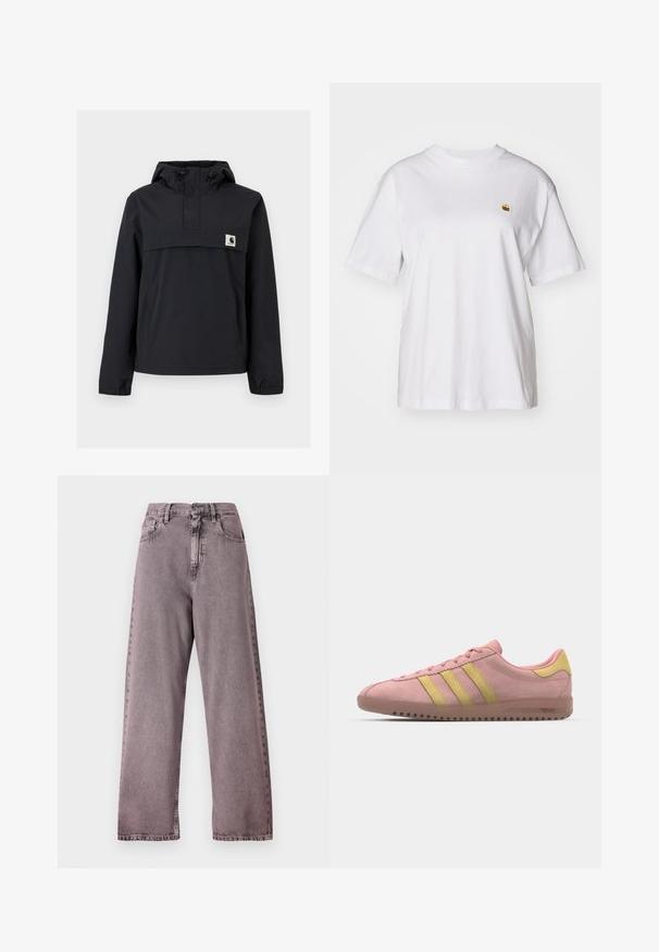 Juodas vėjaraizdis su kapuce, turintis priekinę kišenę, elastines rankoves ir logotipo emblema ant krūtinės. Lygus, vandeniui atsparus audinys.; Balta medvilnė marškinėliai su laisvu sijonu, trumpomis rankovėmis ir maža siuvinėta logo kairėje krūtinės pusėje.; Aukštai juosmens, plačiakojai džinsai iš šviesiai purpuros džinsinės medžiagos, turintys mygtukų užsegimą, penkias kišenes ir subtilų nusidėvėjimą siūlėse.; Rožiniai zomšiniai sportbačiai su trimis geltonomis juostelėmis, suapvalintu pirštu ir tekstūruotu guminio pado paviršiumi. Žemas profilis su paminkštintu apykakle.