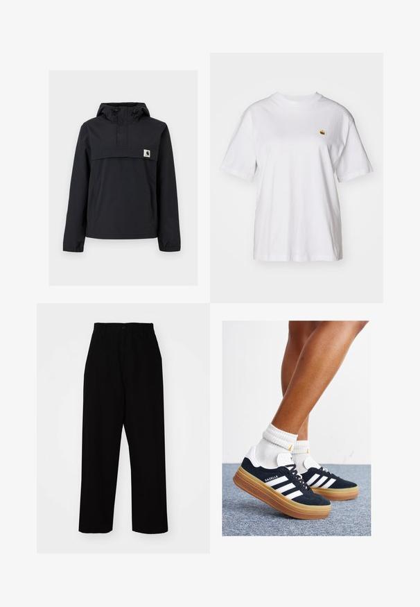 Schwarze Windjacke mit Kapuze, ausgestattet mit einer Vordertasche, elastischen Bündchen und einem Logopatch auf der Brust. Glattes, wasserabweisendes Material.; Weißes Baumwoll-T-Shirt mit lockerem Schnitt, kurzen Ärmeln und einem kleinen gestickten Logo auf der linken Brustseite.; Schwarze Hosen aus robustem Baumwollstoff. Sie verfügen über ein gerades Bein-Design, Gürtelschlaufen, einen Knopfverschluss und einen sauberen Saum.; Schwarze Wildledersneaker mit weißen Streifen und Akzenten, rundlicher Zehenbereich, Sohlen aus braunem Gummi, kombiniert mit weißen, gerippten Sneakersocken.