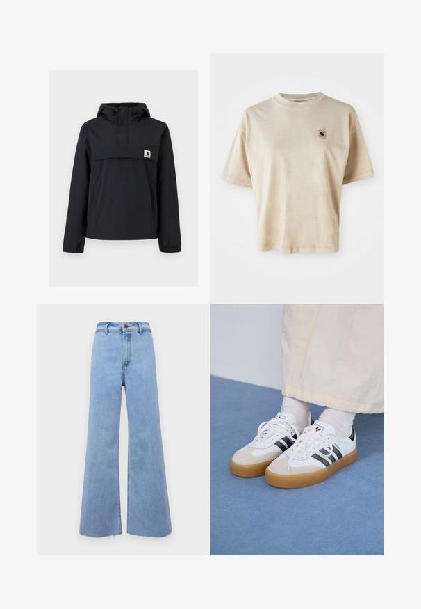 Črna vetrovka z kapuco, ki ima sprednji žep, elastične manšete in oznako na prsih. Gladko, vodoodporno blago.; Bež majica iz bombaža s opuštenim krojem, okruglim izrezom, kratkim rukavima i malim kvadratnim logom na lijevoj strani prsnog područja.; Svetlo modri široki traper hlače z visokim pasom, postrganim robom in sprednjim zapiranjem na gumb. Narejene so iz denima, z gladko teksturo in čistimi linijami.; Bele tene škornje s črnimi črtami in bež usnjenimi detajli. Imajo teksturirano gumijasto podplat in ravne bele vezalke, nosijo se z svetlimi nogavicami.