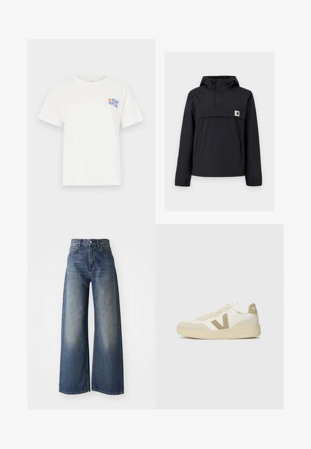 Chaqueta cortavientos negra con capucha, que cuenta con un bolsillo frontal, puños elásticos y un parche de logo en el pecho. Tejido liso y resistente al agua.; Camiseta blanca de algodón con un diseño gráfico en texto azul y naranja en el área del pecho izquierdo. Mangas cortas clásicas y cuello redondo.; Jeans de cintura alta, anchos y de pierna amplia en color azul, con botón en la parte frontal y bolsillos, textura desgastada en los muslos y dobladillo recto.; Zapatillas con parte superior en crema, acentos de ante beige y suela de goma texturizada. Presenta un audaz logo 'V' y diseño con cordones.