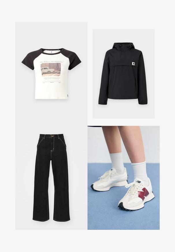 Črna vetrovka z kapuco, ki ima sprednji žep, elastične manšete in oznako na prsih. Gladko, vodoodporno blago.; Majica s kratkimi rokavi z belo telo in črnimi raglan rokavi. Spredaj je narejen tiskani grafični motiv in besedilo. Narejena iz mešanice bombaža.; Črne široke kavbojke iz denima, ki imajo kontrastne bele šive in sprednje gumbno zapiranje, ter dve nagnjeni sprednji žepi.; Par belih športnih copat z maroon detajli, teksturiranimi paneli, ravnim črnim podplatom in svetlim vezalkami, obutih z belimi gležnjarji.