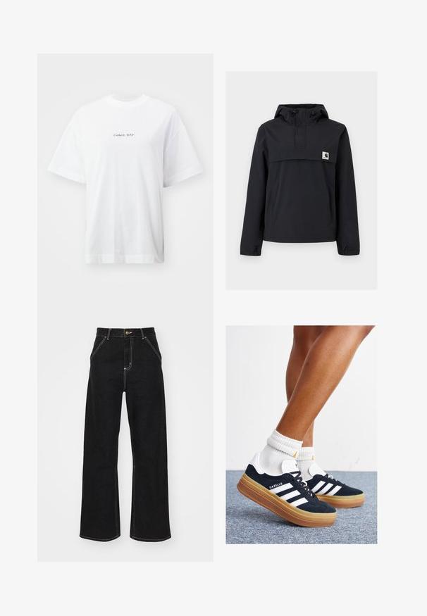 Black windbreaker jacket with a hood, featuring a front pocket, elastic cuffs, and a logo patch on the chest. Smooth, water-resistant fabric.; White cotton t-shirt with a relaxed fit, short sleeves, crew neckline, and a small "Carhartt, WIP" logo in black on the front.; Black wide-leg jeans made of denim, featuring contrasting white stitching and a front button closure, with two angled front pockets.; Black suede sneakers with white stripes and accents, rounded toe, gum rubber outsole, paired with white ribbed crew socks.