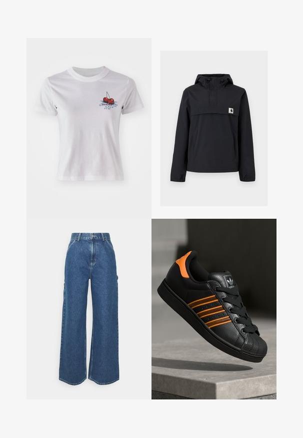 Juodas vėjaraizdis su kapuce, turintis priekinę kišenę, elastines rankoves ir logotipo emblema ant krūtinės. Lygus, vandeniui atsparus audinys.; Balta medvilninė marškinėlių su vyšnių grafika ir tekstu "Conchita WIP" mėlyna spalva. Trumpi rankovės ir apvalios kaklo dizainas.; Plačios mėlynos džinsinės kelnes su aukštu juosmeniu, kontrastingais siūlais ir šoninėmis kišenėmis, turinčios klasikinį penkių kišenių dizainą ir brutalius kraštus.; Juodas sportinis batelis su oranžiniais akcentais, trimis horizontaliomis juostelėmis, tekstūruota odinė viršutinė dalis, guminiu nosių dangteliu ir juodomis raišteliais.