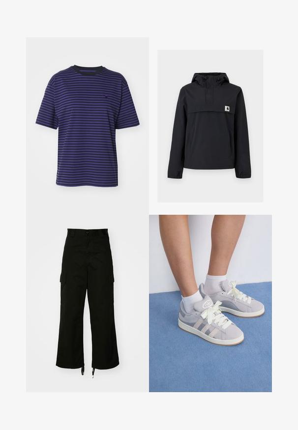 Sort vindjakke med hætte, der har en frontlomme, elastiske manchetter og et logo-patch på brystet. Glat, vandafvisende stof.; Carhartt WIP VERNER - T-shirts print - black/aura; Sorte cargobukser lavet af bomuld, med brede ben, sidelommer og snoretræk i kanten. Designet inkluderer en knaplukning i taljen.; Grå ruskinds sneakers med hvide snørebånd og gummisål, udstyret med tre diagonale striber på siden og et logo-patch på tungen.