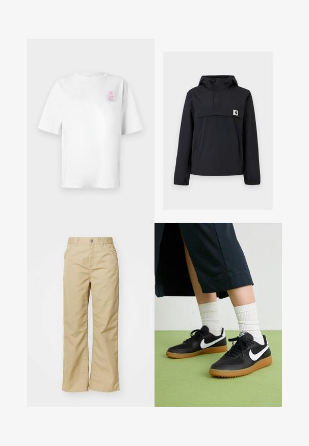 Black windbreaker jacket with a hood, featuring a front pocket, elastic cuffs, and a logo patch on the chest. Smooth, water-resistant fabric.; White cotton t-shirt with short sleeves, round neckline, featuring a small pink "Vacation Club" logo on the left chest.; Beige cotton wide-leg trousers with a smooth texture, featuring front pockets and a silver button at the waistband.; Black leather and synthetic sneakers with white Nike swoosh, rubber gum sole, round toe, and black laces. Ribbed white socks visible.
