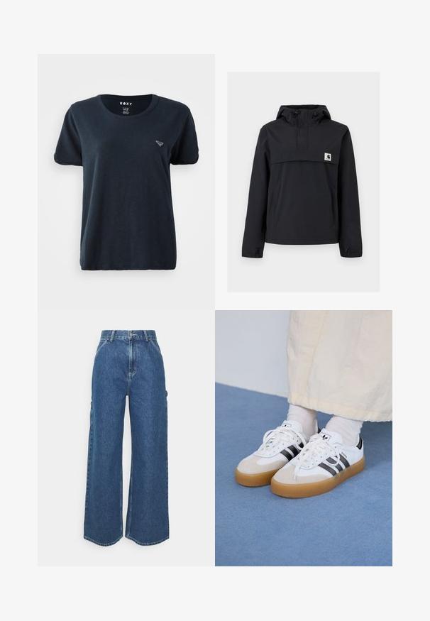 Black windbreaker jacket with a hood, featuring a front pocket, elastic cuffs, and a logo patch on the chest. Smooth, water-resistant fabric.; Navy blue short-sleeve T-shirt made of soft fabric, featuring a round neckline and a small logo on the left chest. Simple and casual design.; Wide-leg blue denim trousers with a high waist, contrasting stitching, and side pockets, featuring a classic five-pocket design and raw hems.; White sneakers with black stripes and beige suede accents. Feature a textured gum sole and flat white laces, worn with light-colored socks.