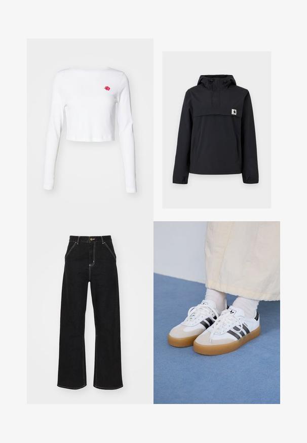 Fekete szélálló dzseki kapucnival, elülső zsebből, rugalmas mandzsetta és logóval ellátott mellkasi részből áll. Simább, vízálló anyag.; Fehér crop hosszú ujjú felső puha anyagból, bal mellen egy kis rózsaszín rózsa hímzéssel. Egyszerű design, minta nélkül.; Fekete, széles szárú farmernadrág, kontrasztos fehér varrással és elülső gombos záródással, két ferde elülső zsebbel.; Fehér sportcipő fekete csíkokkal és bézs velúr részletekkel. Texturált gumi talppal és lapos fehér fűzőkkel rendelkezik, világos színű zoknival viselve.