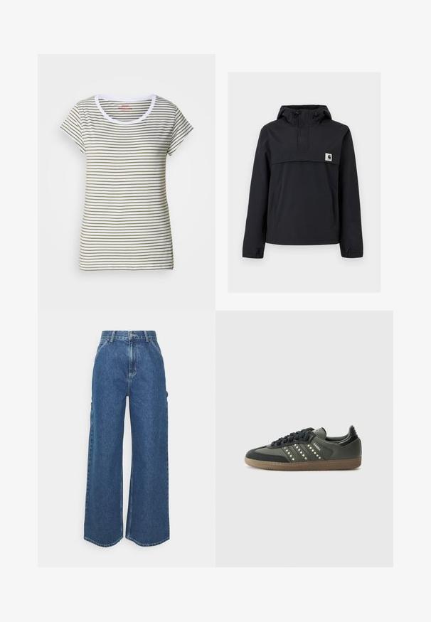 Fekete szélálló dzseki kapucnival, elülső zsebből, rugalmas mandzsetta és logóval ellátott mellkasi részből áll. Simább, vízálló anyag.; Csíkozott póló puha pamutból, vízszintes fehér és olíva zöld csíkokkal, kerek nyakkal és rövid ujjakkal.; Széles szárú, kék farmernadrág magas derékkal, kontrasztos varrással és oldalsó zsebekkel, klasszikus öt zsebes kialakítással és nyers szegéllyel.; adidas Originals SAMBA OG - Sportcipő - core black/legend earth/gum