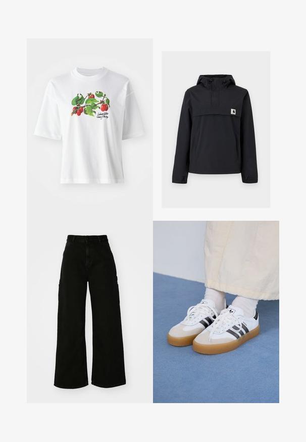 Melnā vēja necaurlaidīgā jaka ar kapuci, ar priekšējo kabatu, elastīgām aprocēm un logotipa uzšuvumu uz krūtīm. Gluda, ūdensizturīga auduma.; Balts kokvilnas T-krekls ar īsām piedurknēm, ar krāsainu augļu un lapu dizainu centrā. Texts lasa "Carhartt WIP Cream of the crop."; Melni platā kāju kravas bikses no denima, ar augstu vidukli, priekšējo pogu aizdari un sānu kabatām. Gluda tekstūra ar minimālu šuvju skaitu.; Baltas sporta apavi ar melnām svītrām un beisīgo zamšādu akcentiem. Ievies struktūrētu gumijas zoli un izkārtotas baltas šnerves, valkāti ar gaišiem zeķēm.