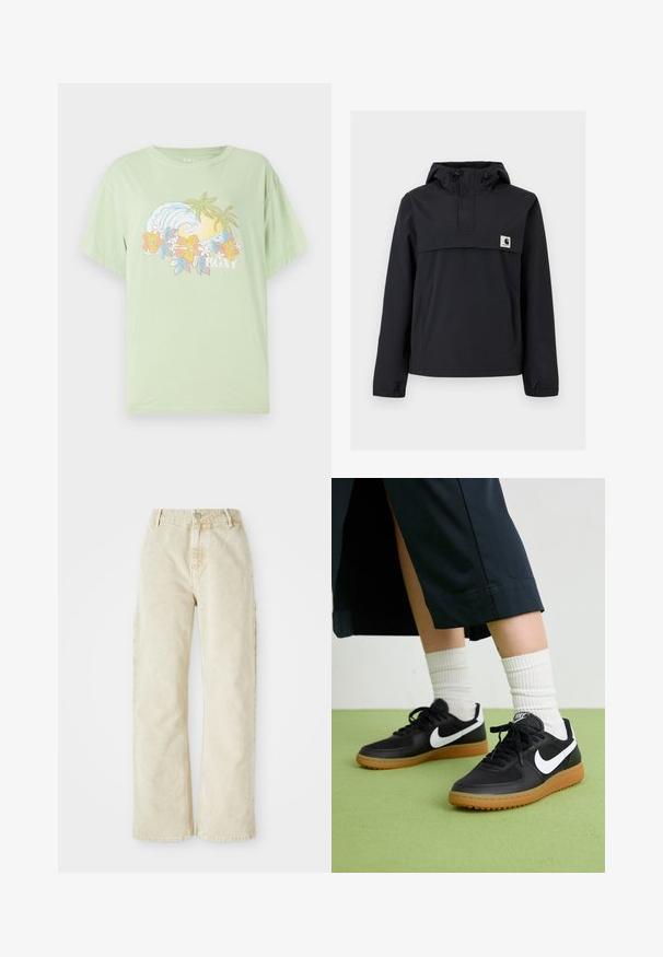 Schwarze Windjacke mit Kapuze, ausgestattet mit einer Vordertasche, elastischen Bündchen und einem Logopatch auf der Brust. Glattes, wasserabweisendes Material.; Hellgrünes T-Shirt mit kurzen Ärmeln, bedruckt mit einer Wellen- und Blumengrafik, auf der der Markenname "ROXY" in Weiß zu sehen ist. Aus weichem Baumwollmaterial.; Beige weite Denim-Hosen mit hoher Taille, ausgestattet mit einem vorderen Knopf- und Reißverschluss, Gürtel-Schlaufen und Seitentaschen. Weiche Textur.; Schwarze Leder- und synthetische Sneakers mit weißem Nike-Swoosh, Gummisohle, runder Spitze und schwarzen Schnürsenkeln. Gestreifte weiße Socken sind sichtbar.