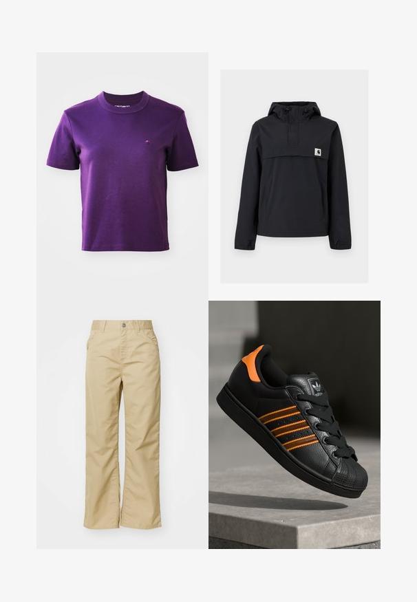 Melnā vēja necaurlaidīgā jaka ar kapuci, ar priekšējo kabatu, elastīgām aprocēm un logotipa uzšuvumu uz krūtīm. Gluda, ūdensizturīga auduma.; Violeta kokvilnas T-krekls ar apaļu kakla izgriezumu un īsām piedurknēm; uz krūtīm ir neliels izšūts logotips. Gluda tekstūra, bez rakstiem.; Beigu kokvilnas platā kāju bikses ar gludu tekstūru, ar priekšējām kabatām un sudraba pogu pie jostas.; Melnas kedas ar oranžiem akcentiem, trīs horizontālas svītras, teksturēts ādas augšdaļa, gumijas purngala daļa un melnas auklas.