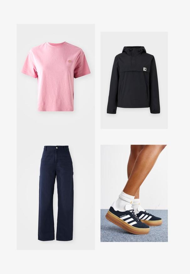 Fekete szélálló dzseki kapucnival, elülső zsebből, rugalmas mandzsetta és logóval ellátott mellkasi részből áll. Simább, vízálló anyag.; Rózsaszín pamut póló rövid ujjakkal, kerek nyakkivágással és téglalap alakú logó pakkal a bal mellkasi részen. Simább textúra, laza szabás.; Tengerészkék, bővebb, cargo stílusú nadrág strapabíró pamutból, oldalsó zsebekkel és gombos derékmegoldással.; Fekete velúr sportcipő fehér csíkokkal és díszítésekkel, lekerekített orral, gumitalpú külső résszel, fehér bordázott bokazoknival párosítva.