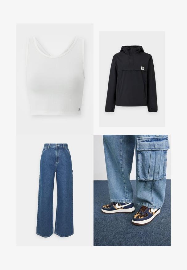 Crna jakna s kapuljačom, s prednjim dzepom, elastičnim manžetama i logom na prsima. Glatka, vodootporna tkanina.; Bijeli kratki top s teksturiranom tkaninom, okruglim izrezom i slojevitim dizajnom leđa s malim logom na strani.; Široke plave traperice s visokim strukom, kontrastnim šavovima i bočnim džepovima, s klasičnim dizajnom s pet džepova i sirovim rubovima.; Tamno plave tenisice s akcentima u uzorku leoparda, bijeli Nike swoosh, smeđi vezice i bijela srednja potplata. Uparene s svijetloplavim trapericama cargo.