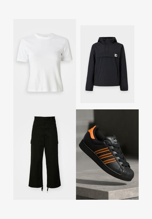 Veste coupe-vent noire avec capuche, dotée d'une poche avant, de poignets élastiques et d'un écusson logo sur la poitrine. Tissu lisse et résistant à l'eau.; T-shirt blance à manches courtes en côte, avec un col rond et un petit logo sur la poitrine. Fabriqué en tissu doux avec une coupe ajustée.; Pantalons cargo noirs en coton, dotés de jambes larges, de poches latérales et d'ourlets à cordon de serrage. Le design comprend un bouton de fermeture à la taille.; Baskets noires avec des accents orange, trois bandes horizontales, tige en cuir texturé, protection en caoutchouc à l'avant et lacets noirs.