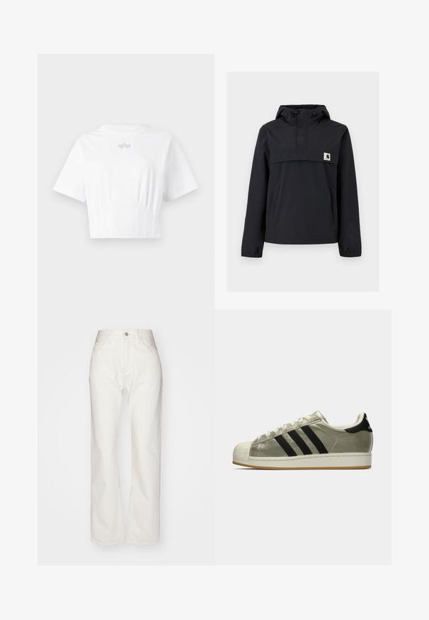 Schwarze Windjacke mit Kapuze, ausgestattet mit einer Vordertasche, elastischen Bündchen und einem Logopatch auf der Brust. Glattes, wasserabweisendes Material.; Weißes, kurzes T-Shirt aus weichem Stoff, mit kurzen Ärmeln, Rundhalsausschnitt und einem dezenten silbernen Logo auf der Brust.; Weiße Denim-Hosen mit hoher Taille und weit geschnittenem Bein. Mit einem Knopf- und Reißverschluss, Gürtelschlaufen und dezenten Nähten.; Adidas Sneaker mit einem metallischen Oliven-Obermaterial, drei schwarzen Streifen, Gummizehenspitze und einer Gummisohle. Klassisches Design mit strukturiertem Stoff.