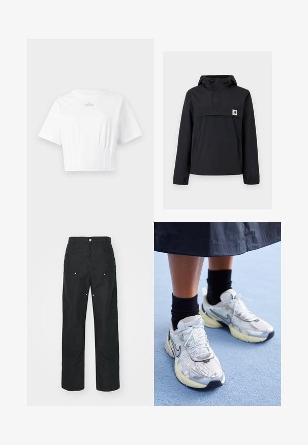 Zwarte windbreaker jas met een capuchon, voorzien van een voorzak, elastische boorden en een logopatch op de borst. Glad, waterafstotend materiaal.; Witte, cropped t-shirt van zachte stof, met korte mouwen, een ronde hals en een subtiele zilveren logo op de borst.; Zwarte broek met een rechte pijpdesign, gemaakt van een textuurstof. Bevat decoratieve zilveren hardware en unieke naaddetails.; Witte en zilveren Nike sneakers van meshstof, met reflecterende accenten en een beige zool. Gedragen met zwarte sokken, staand op een blauwe ondergrond.