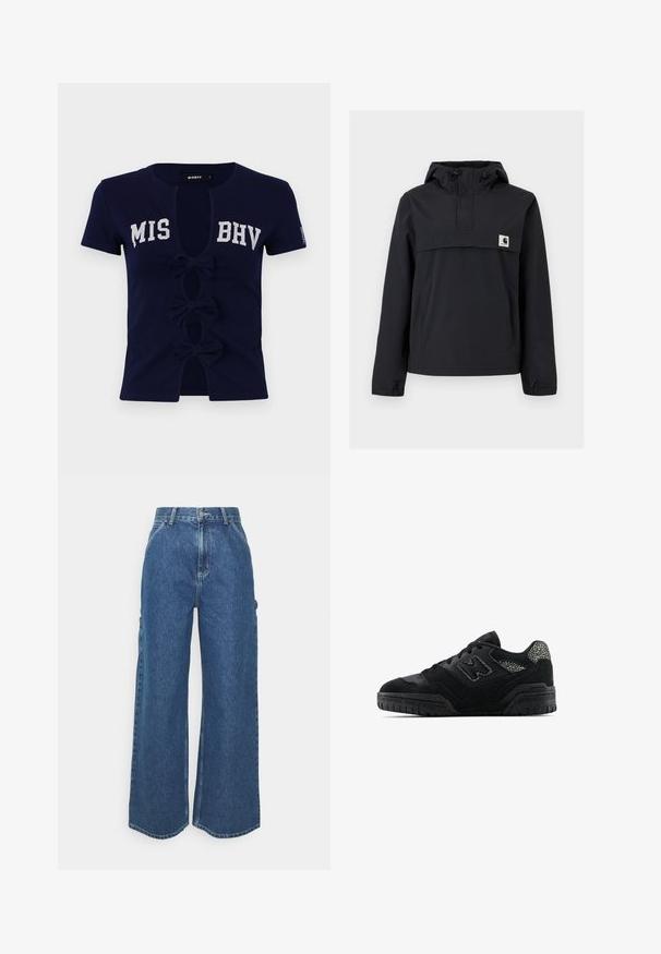 Chaqueta cortavientos negra con capucha, que cuenta con un bolsillo frontal, puños elásticos y un parche de logo en el pecho. Tejido liso y resistente al agua.; Camiseta de manga corta azul marino con un escote en V profundo, que presenta el texto "MIS BHV". Tres lazos adornan los recortes frontales, fabricados en suave material de algodón.; Pantalones vaqueros de pierna ancha en azul con cintura alta, costuras en contraste y bolsillos laterales, que cuentan con un diseño clásico de cinco bolsillos y dobladillos sin rematar.; Zapatilla negra de perfil bajo con suela texturizada, diseño de cordones, paneles de gamuza y acentos con patrón en el talón y el logo lateral.