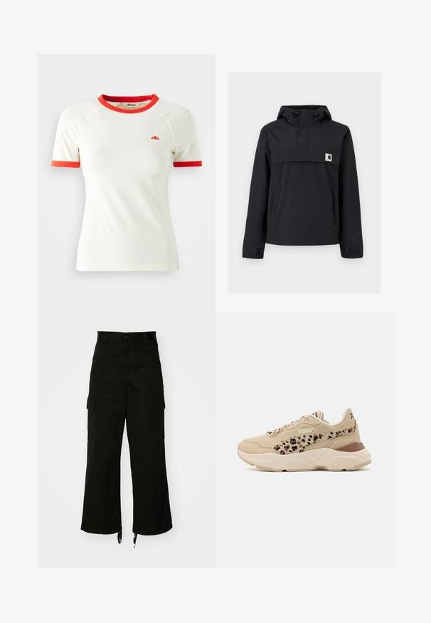 Fekete szélálló dzseki kapucnival, elülső zsebből, rugalmas mandzsetta és logóval ellátott mellkasi részből áll. Simább, vízálló anyag.; Rövid ujjú krém színű póló piros passzé körüli nyakkivágással és ujjak végén. A mellrészen egy kis logó található. Simára szőtt anyag, testhezálló dizájn.; Fekete cargo nadrág, pamutból készült, széles lábakkal, oldalsó zsebekkel és húzózsinóros szegélyekkel. A dizájn része egy gombos zárás a deréknál.; Beige színű sportcipők struktúrált felsőrésszel, oldalán leopárdmintával, párnázott kényelemmel és robusztus fehér talppal.