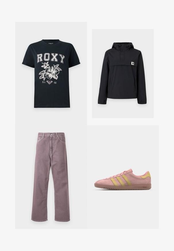Casaco corta-vento preto com capuz, apresentando um bolso frontal, punhos elásticos e um patch do logo no peito. Tecido liso, resistente à água.; T-shirt de algodão preto com o texto "ROXY" em branco, com um design floral e um símbolo de coração. Com mangas curtas e um corte descontraído.; Calças de perna larga em um tom de lavanda suave, feitas de denim. Apresentam cinco bolsos, fechamento com botão e costuras discretas.; Sapatilha de camurça rosa com três riscas amarelas, biqueira arredondada e sola de borracha texturizada. Design de perfil baixo com colarinho acolchoado.