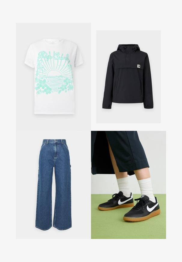Black windbreaker jacket with a hood, featuring a front pocket, elastic cuffs, and a logo patch on the chest. Smooth, water-resistant fabric.; White short-sleeve t-shirt with turquoise print of a sun setting over ocean waves, palm trees, hibiscus flowers, and "Rip Curl" text.; Wide-leg blue denim trousers with a high waist, contrasting stitching, and side pockets, featuring a classic five-pocket design and raw hems.; Black leather and synthetic sneakers with white Nike swoosh, rubber gum sole, round toe, and black laces. Ribbed white socks visible.