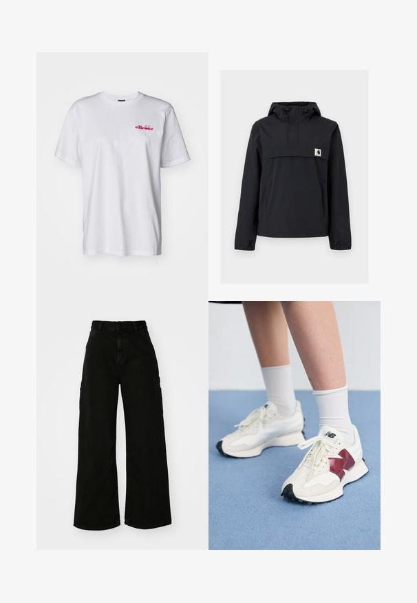 Must mustaga jacket, millel on kapuuts, esikoti, elastsed mansetid ja rinna peal logoga pa patch. Sile, veekindel kangas.; Valge puuvillane T-särk lühikeste varrukatega, ümmarguse kaelusega ja vasakul rinnal roosa tikandiga logo. Kerge ja siledapinnaline tekstuur.; Must musta laiad jõhkrad püksid, mis on valmistatud denimist, kõrge vöökoha, esise nupu sulgemise ja küljetaskutega. Sile tekstuur minimaalse õmblusega.; Valge tenniste paar marooni aktsentide, tekstuuriliste paneelide, lame musta tallaga ja heleda nööriga, kantud valgete pahkl sockidega.