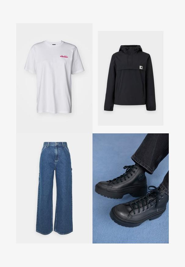 Melnā vēja necaurlaidīgā jaka ar kapuci, ar priekšējo kabatu, elastīgām aprocēm un logotipa uzšuvumu uz krūtīm. Gluda, ūdensizturīga auduma.; Balts kokvilnas T-krekls ar īsām piedurknēm, apaļu izgriezumu un rozā izšuvumu uz kreisā krūts. Viegls un gluds audums.; Platleņķa zili džinsi ar augstu jostasvietu, kontrastējošām šuvēm un sānu kabatām, ar klasisku piecu kabatu dizainu un neapstrādātiem malām.; Melni līdz ceļiem sporta apavi, kas izgatavoti no gludas ādas, ar apaļu purngalu, biezām gumijas zoles un melnām auklām. Sānos ir logotipa uzlīme.