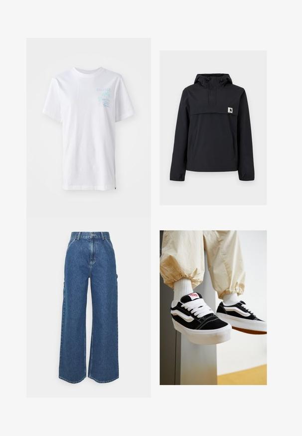 Černá bunda s kapucí, která má přední kapsu, elastické manžety a logo nášivku na hrudi. Hladká, voděodolná tkanina.; Bílý bavlněný tričko s krátkým rukávem, s světle modrou grafikou palmy a vln na levé straně hrudi.; Široké modré džíny s vysokým pasem, kontrastním šitím a postranními kapsami, které mají klasický design s pěti kapsami a rozstřižené lemy.; Černobílé semišové tenisky s plochými bílými tkaničkami, texturovanými gumovými podrážkami a bočním pruhem. Nošeny s krémovými zúženými kalhotami.