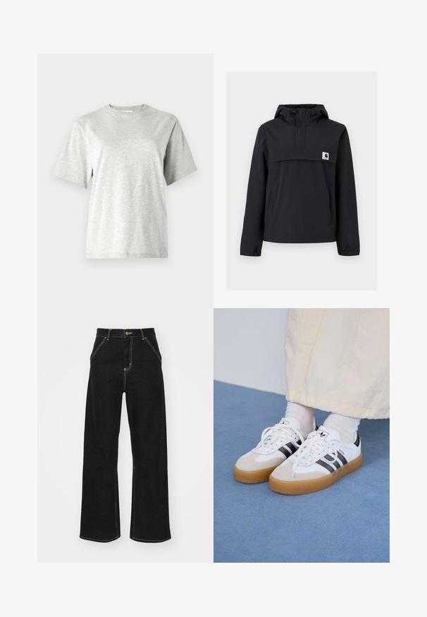 Fekete szélálló dzseki kapucnival, elülső zsebből, rugalmas mandzsetta és logóval ellátott mellkasi részből áll. Simább, vízálló anyag.; Szürke, rövid ujjú póló, puha, könnyű anyagból készült. Kerek nyakkivágással és finom logóval rendelkezik a mellrészen. Laza szabás.; Fekete, széles szárú farmernadrág, kontrasztos fehér varrással és elülső gombos záródással, két ferde elülső zsebbel.; Fehér sportcipő fekete csíkokkal és bézs velúr részletekkel. Texturált gumi talppal és lapos fehér fűzőkkel rendelkezik, világos színű zoknival viselve.