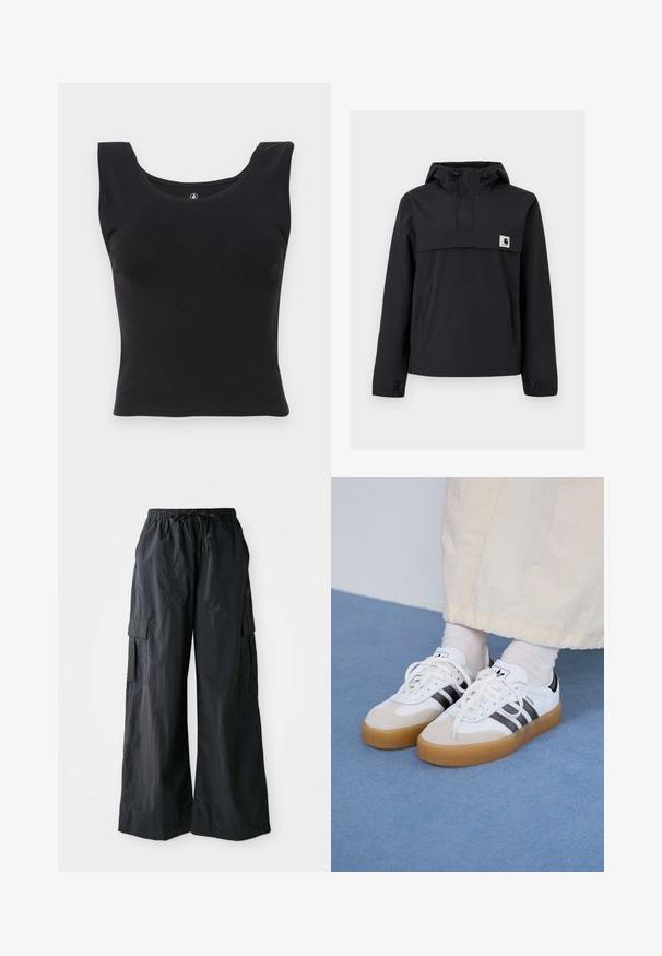 Černá bunda s kapucí, která má přední kapsu, elastické manžety a logo nášivku na hrudi. Hladká, voděodolná tkanina.; Černý bezrukávový top vyrobený z bavlny, s kulatým výstřihem a přiléhavým střihem. Náročně embosované logo "Volcom" na přední straně.; Černé cargo kalhoty vyrobené z lehké tkaniny, s širokým střihem, elastickým pasem a několika bočními kapsami. Jednoduché a funkční.; Bílé tenisky s černými pruhy a béžovými semišovými akcenty. Mají texturovanou gumovou podrážku a ploché bílé tkaničky, nošeny s světlými ponožkami.