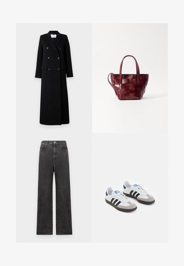 Samsøe Samsøe COAT MAXI - Klassisk kappa / rock - black; Kolgrå cardigan i mjukt tyg, med rund halsringning, långa ärmar och fem knappslutningar framtill.; Långärmad brun topp av texturerad tyg, med rundad halsringning och en enkel, figurnära silhuett utan synliga detaljer.; Breda svart denimbyxor med hög midja, med framfickor, knappgylf och en något urblekt textur.; Sportskor med överdel i vit läder, grå mocka på tårna och tre svarta ränder. Har en blå logotyp på tungan och en texturerad gummisula.; Vävd burgunderfärgad läder tote-väska med två korta handtag och en avtagbar axelrem. Har en strukturerad form och slät textur.