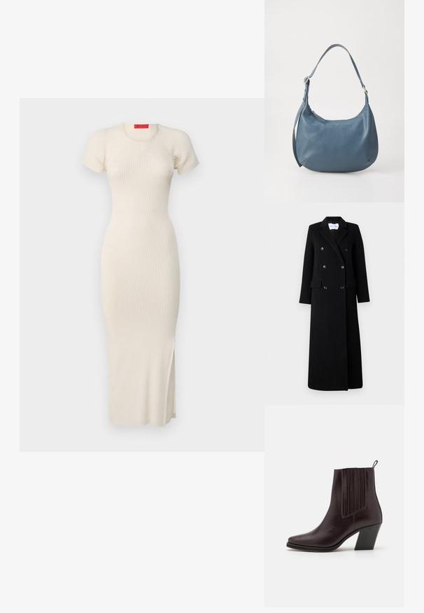Samsøe Samsøe COAT MAXI - Manteau classique - black; Robe midi en tricot côtelé de couleur blanc cassé avec des manches courtes, un col rond, une silhouette ajustée et un détail de fente sur le côté. Texture lisse.; Bottine en cuir marron foncé avec un bout pointu, des détails rainurés verticaux sur le côté et un talon carré de hauteur moyenne.; Sac à main en cuir bleu avec une forme arrondie, une seule bandoulière, fermeture zippée et nom de la marque en relief sur le devant. Texture lisse.