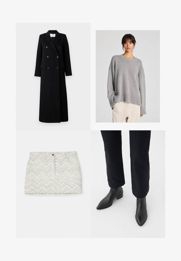 Samsøe Samsøe COAT MAXI - Klassischer Mantel - black; Grauer gestrickter Pullover mit lässiger Passform, Rundhalsausschnitt, gerippten Bündchen und Saum. Weiche Textur mit einem subtilen Strickmuster. Kombiniert mit hellen Hosen.; Weißer Rock mit einem grauen Zickzackmuster, ausgestattet mit einem Knopfverschluss, zwei Seitentaschen und einem geraden Schnitt. Hergestellt aus strukturiertem Stoff.; Schwarze Leder-Stiefeletten mit spitzem Zehenbereich, Blockabsatz und strukturierten Seitenpaneelen, kombiniert mit dunklen Hosen vor einem weißen Hintergrund.
